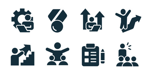 Leadership excellent icon collection. Set of team leader, achievement medal, career growth, success jump, promotion stairs, teamwork support, checklist plan, public speaking icons