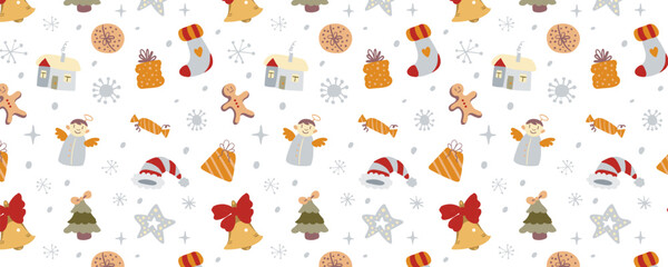 Horizontal vector wrapping paper design with a seamless Christmas pattern. Festive, bright, and cozy. Perfect for gift wrap, retail packaging, holiday branding, prints, and seasonal decorations.