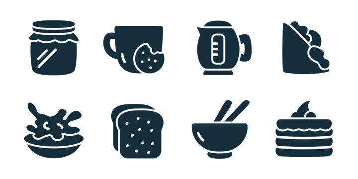 Breakfast and lunch excellent icon collection. Set of coffee cup, toast bread, fried egg, jam jar, soup bowl, pancake stack, kitchen kettle, meal icons