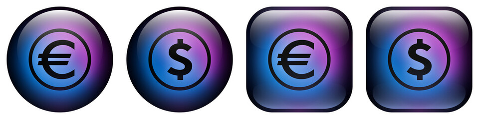 Glass button icons featuring Euro and Dollar symbols inside a ring with Blue and Purple Neon Glow. Futuristic Finance and Currency icon pack.