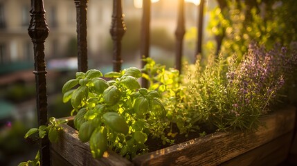 Sunlit balcony planter box overflows with vibrant green basil and thyme against blurred urban background, warm light, rustic wood, shallow depth of field.
