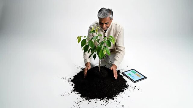 Elderly man combines traditional farming with modern technology, planting a sapling with data from a tablet on a white background