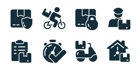 Logistics and delivery excellent icon collection. Secure parcel, courier bicycle, locked package, delivery worker, document tracking, stopwatch control, scooter shipping, home delivery icons
