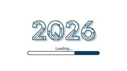 Year 2026 loading concept with digital high tech numbers and a progress bar showing completion status against a clean white background