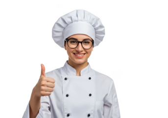 Chef woman wearing glasses giving thumbs up isolated on transparent background