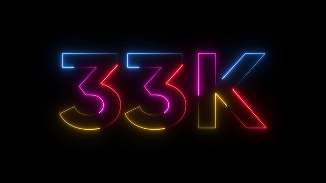 Colorful Neon Number 33 K Thirty Three Thousand Glowing Multicolor Sign on Black Background neon sign