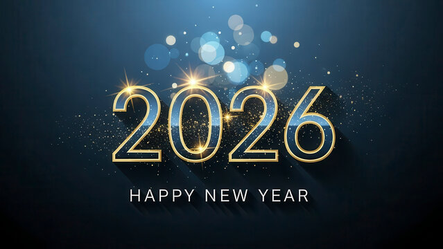 Happy New Year 2026 elegant holiday banner with glowing golden numbers and shimmering blue bokeh lights on a dark navy background with sparkles and glitter effects - Powered by Adobe