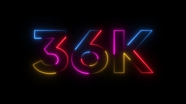 Colorful neon 36k text animation neon numbers thirty six thousand futuristic glowing red blue yellow pink black background