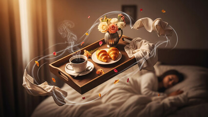 Cozy surreal breakfast tray with coffee and pastries floating above a sleeping woman - Concept of World Mother's Day  