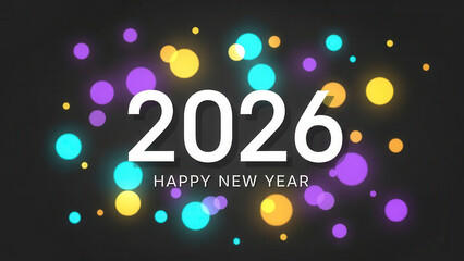 Happy New Year 2026 greeting card with bold white numbers and a vibrant colorful bokeh background featuring glowing purple yellow and cyan light circles on dark grey