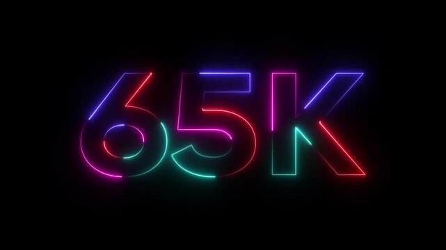 Colorful neon numbers sixty five thousand 65k glowing red blue green purple isolated on black background for social media follower count achievement celebration