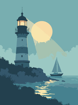 A lighthouse guiding a boat in fog. 'Guidance' or 'Mentorship' concept. Flat vector
