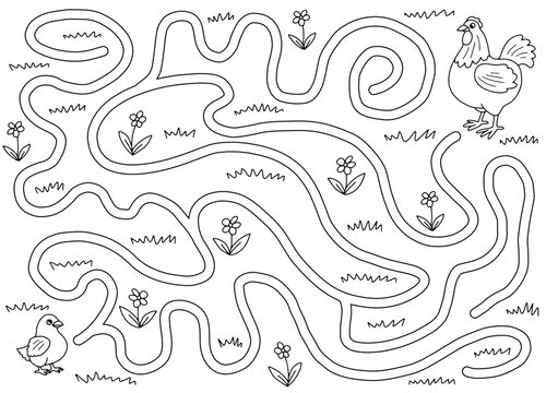 Chicken maze graphic black white sketch illustration vector
