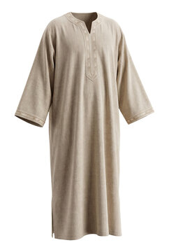 Beige textured linen long kaftan, traditional Arab cultural garment with embroidered V-neck collar, isolated studio shot for fashion design mockup