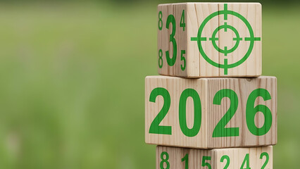 Stacked dice showing year 2026 with target symbol