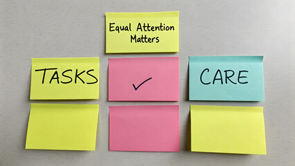 Flat arrangement of sticky notes displaying work concepts