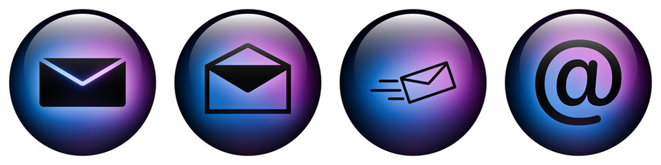 Glass round button icons featuring Email and Location symbols with Blue and Purple Neon Glow. Contact and Mail icon set.