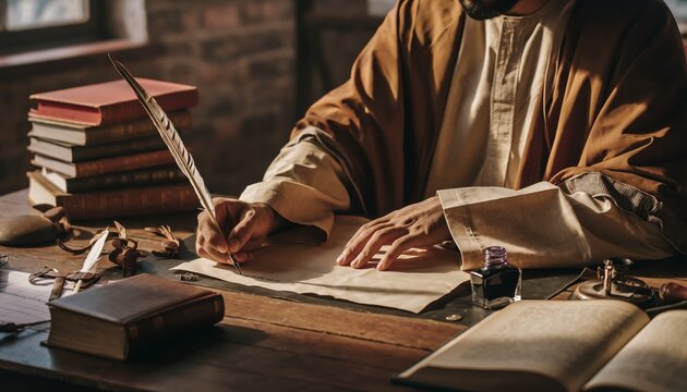 A person writing a document with a quill pen on an antique wooden desk surrounded by books and an inkwell - Powered by Adobe