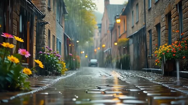Rainy day on a cobblestone street in a European village