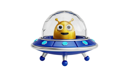 Cute Golden Alien in a Blue UFO Spaceship