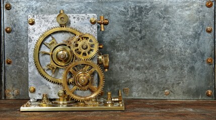 Brass gears and cogs mechanism against a weathered metallic backdrop.  A complex system of interlocking gears sits on a dark wooden surface, contrasted by a textured metal panel