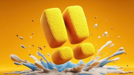 Bright yellow sponges splashing in water against an orange background, showcasing dynamic motion