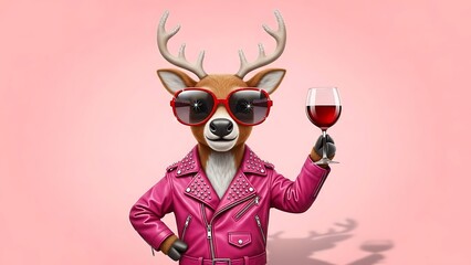 A cartoon deer wearing sunglasses and a pink leather jacket holds a glass of red wine.
