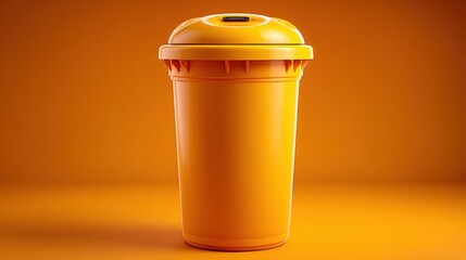 Bright yellow trash bin against a vibrant orange background, emphasizing cleanliness and waste management