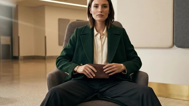 women with legs spread. A confident woman sits relaxed in a modern chair, wearing a stylish green blazer and light blouse, with her legs confidently spread apart, exuding power and poise