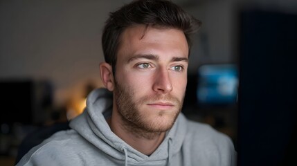 Obraz premium Focused young man wearing a grey hoodie looking intently at a computer screen in a dark room