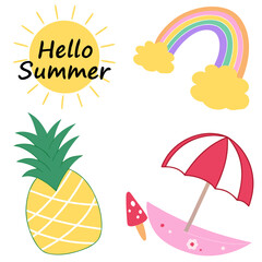 Bright Summer Icons: Sun, Rainbow, Pineapple, Umbrella, Popsicle Collection