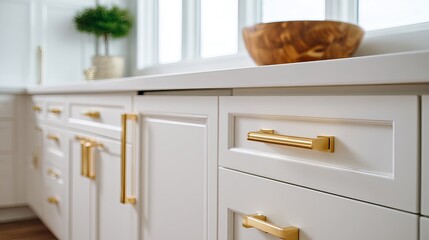 Modern White Kitchen Cabinets with Gold Hardware and Fresh Bread