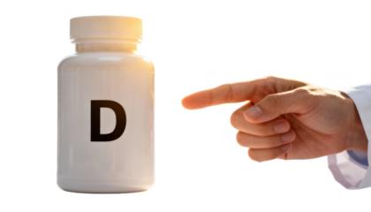 Closeup of vitamin D pill bottle with clinicians hand pointing emphasizing supplement use alongside natural sun exposure on white background.
