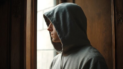A thoughtful young man wearing a grey hoodie looks out of a window his profile illuminated by the bright exterior light conveying a mood of quiet
