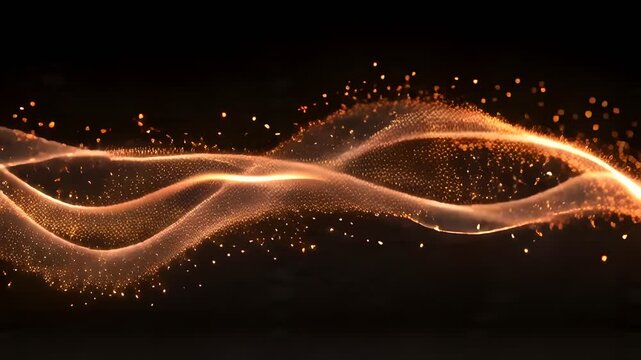 Abstract glowing orange wave with sparkling particles on dark background