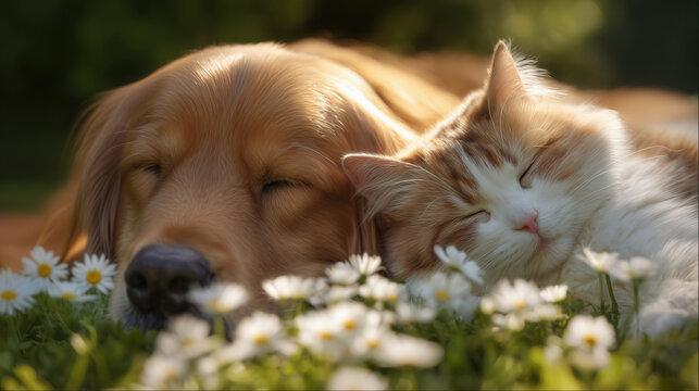 Golden retriever dog and cat sleeping together in a field of daisies. Peaceful friendship between pets in a sunny spring meadow with white flowers. Warm sunlight and calm atmosphere.