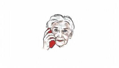 Detailed illustration of an elderly woman holding a smartphone, symbolizing adaptation, vulnerability, and emotional complexity in the digital age.