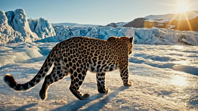 Leopard walking across a sun-drenched glacial plateau.