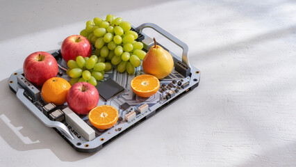 Fresh fruits placed on electronic circuit board indoors with copy space. Concept of food technology, healthy lifestyle, and fusion of nature with digital innovation