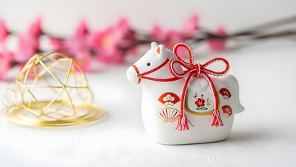 A white horse figurine with red decorations sits on a table next to a gold wireframe object and pink flowers.