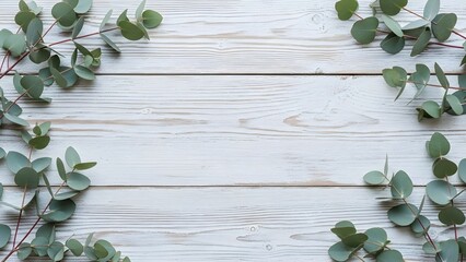 Eucalyptus leaves frame a weathered white wooden background with rustic texture and natural elements.