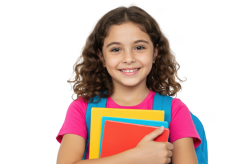 Happy young girl with books and backpack isolated on transparent background