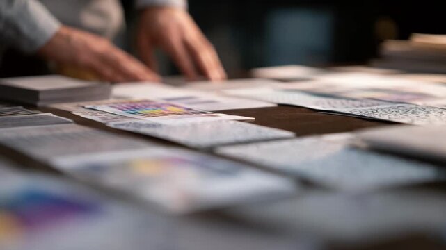 Closeup of hands selecting personalized print samples for a promotional campaign showing intricate details adjusted through advanced analytics.