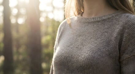 Autumn Forest Serenity | Cozy Sweater woman in Natural Sunlight, attention to her big chest area