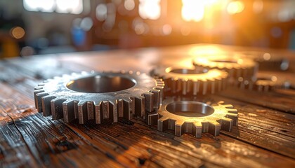 Metallic gears interlocking on wooden surface in a studio