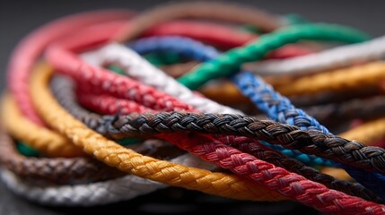 A close up view of a tangled pile of colorful braided ropes and cords