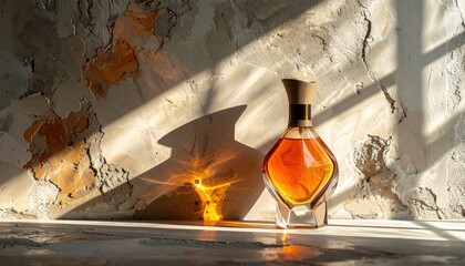 Perfume bottle casting a dramatic shadow against textured wall