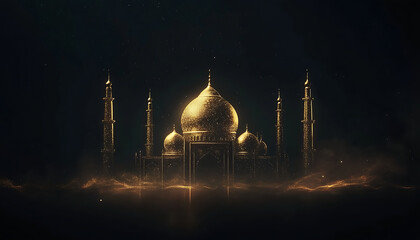 Golden Mosque Silhouette Glowing at Night for Ramadan Background, Majestic golden mosque illuminated against a dark, ethereal background with glowing particles.