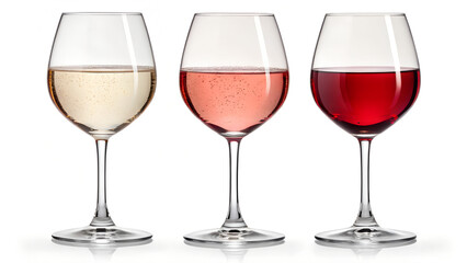 Set of white, rose, and red wine glasses isolated on withe background
