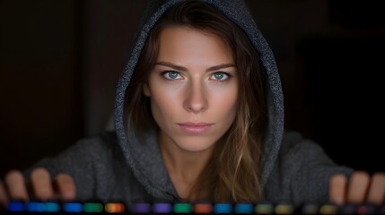 Focused young woman in a grey hoodie looks intently at a colorful backlit keyboard in a dimly lit environment